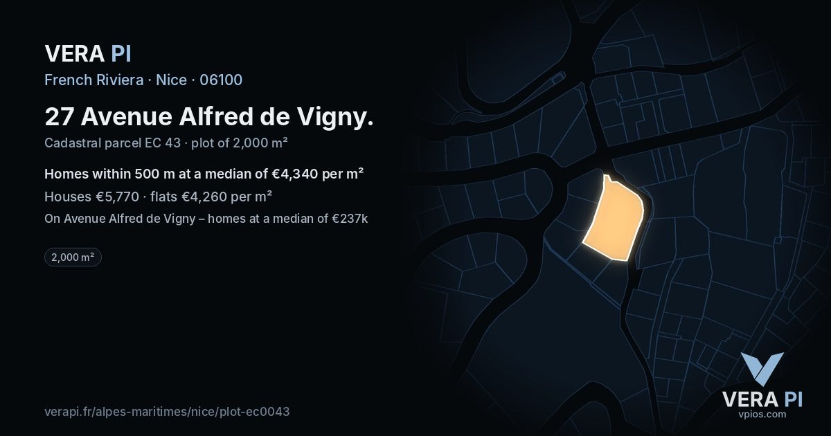 27 Avenue Alfred de Vigny, Nice at night – the plot lit, the parcels around coloured by the prices near them