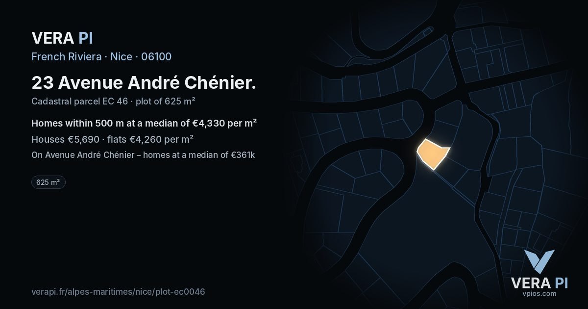 23 Avenue André Chénier, Nice at night – the plot lit, the parcels around coloured by the prices near them