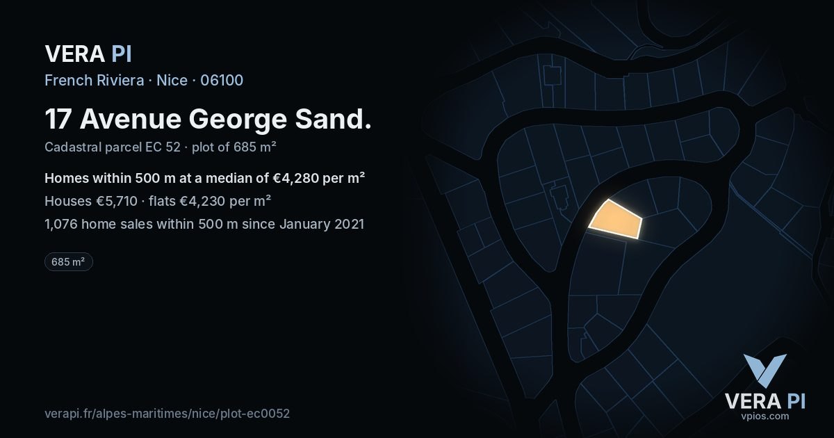 17 Avenue George Sand, Nice at night – the plot lit, the parcels around coloured by the prices near them