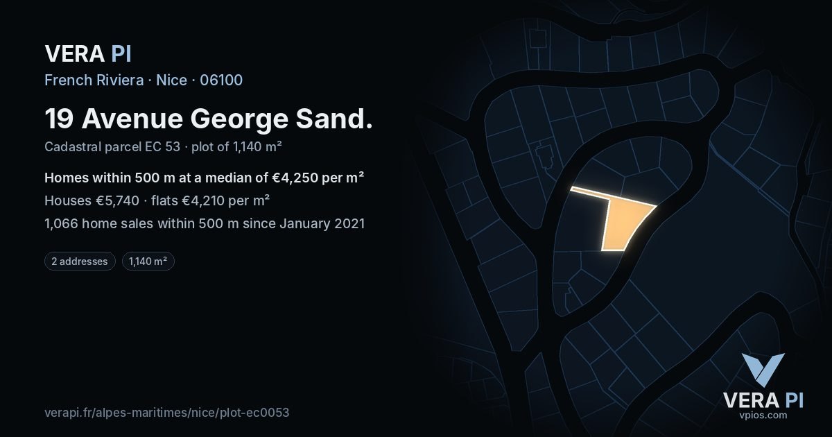 19 Avenue George Sand, Nice at night – the plot lit, the parcels around coloured by the prices near them