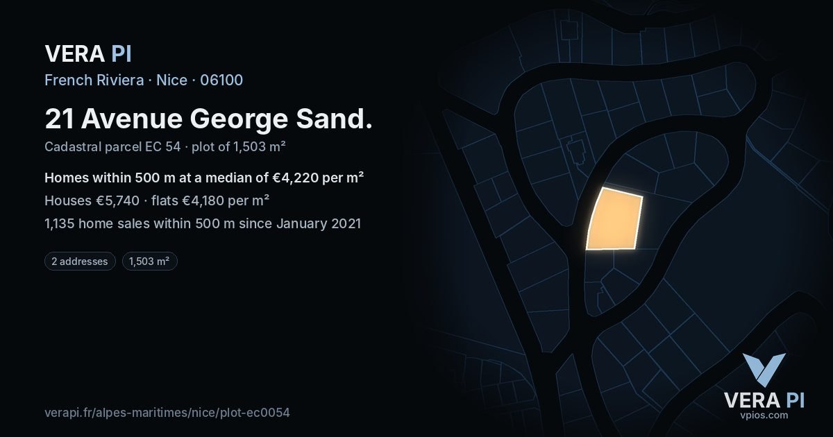 21 Avenue George Sand, Nice at night – the plot lit, the parcels around coloured by the prices near them