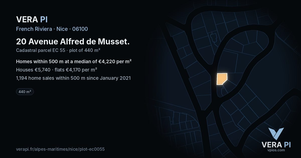 20 Avenue Alfred de Musset, Nice at night – the plot lit, the parcels around coloured by the prices near them