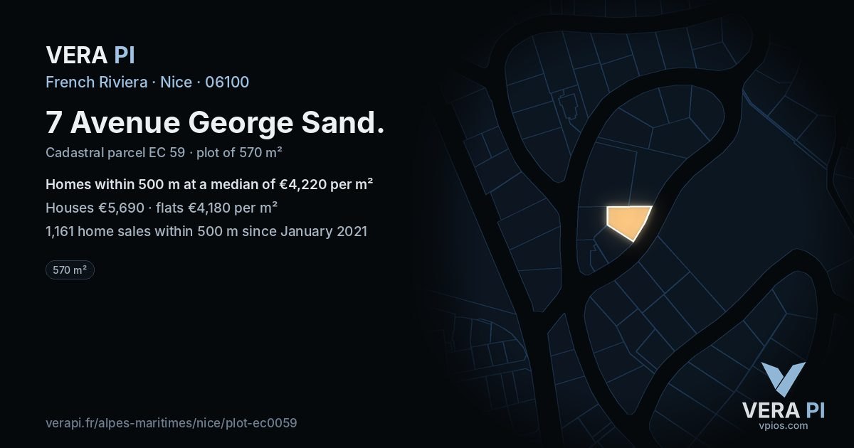 7 Avenue George Sand, Nice at night – the plot lit, the parcels around coloured by the prices near them