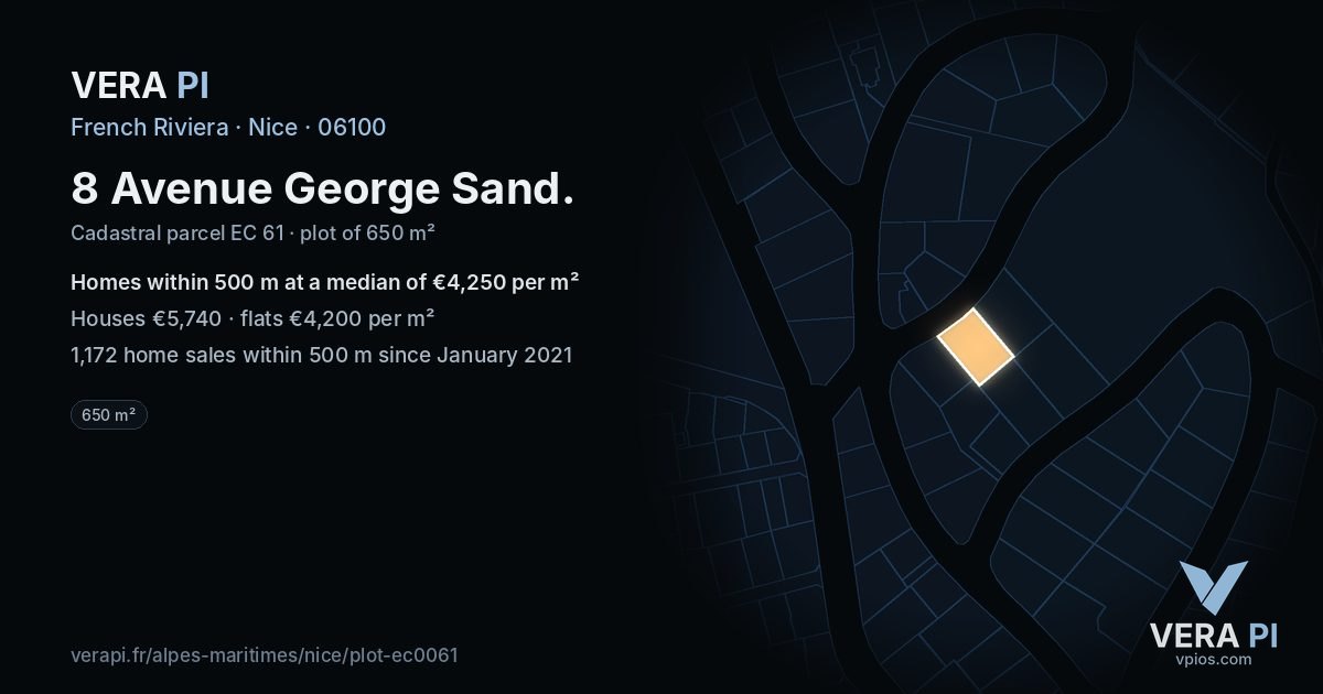 8 Avenue George Sand, Nice at night – the plot lit, the parcels around coloured by the prices near them