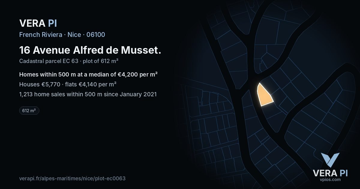 16 Avenue Alfred de Musset, Nice at night – the plot lit, the parcels around coloured by the prices near them
