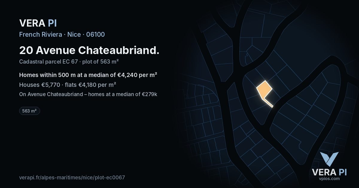 20 Avenue Chateaubriand, Nice at night – the plot lit, the parcels around coloured by the prices near them