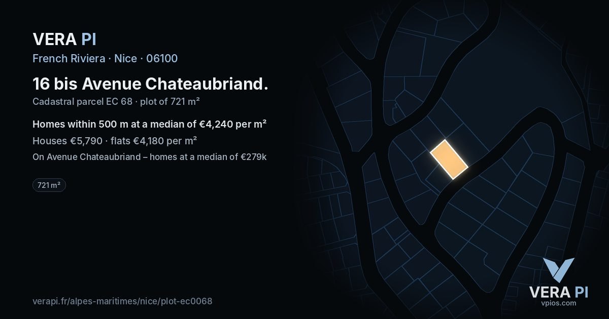 16 bis Avenue Chateaubriand, Nice at night – the plot lit, the parcels around coloured by the prices near them
