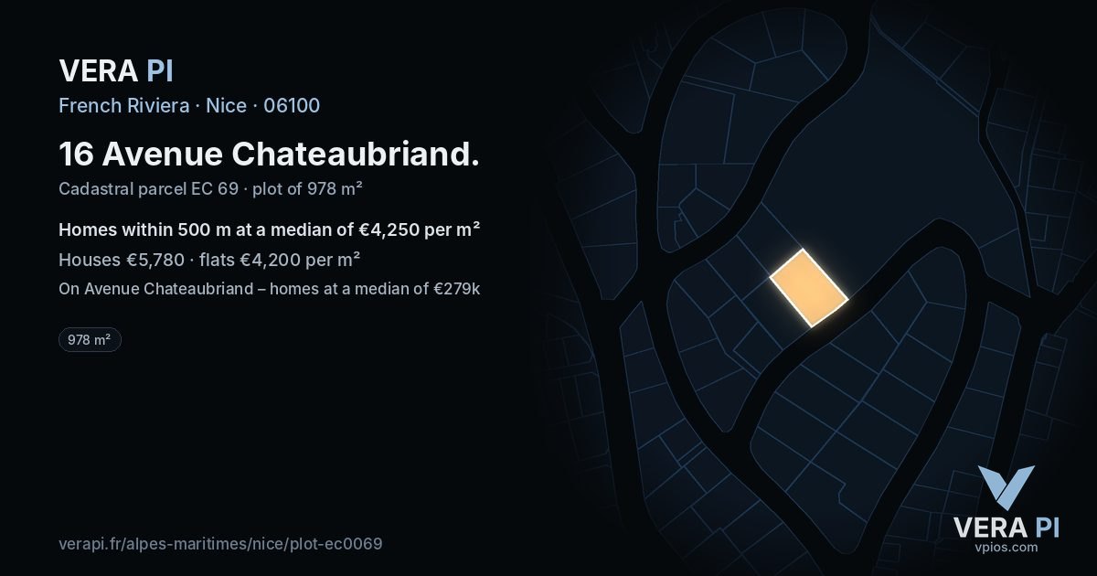 16 Avenue Chateaubriand, Nice at night – the plot lit, the parcels around coloured by the prices near them