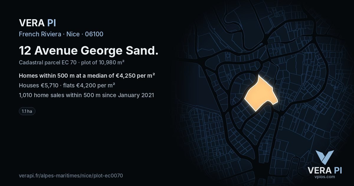 12 Avenue George Sand, Nice at night – the plot lit, the parcels around coloured by the prices near them
