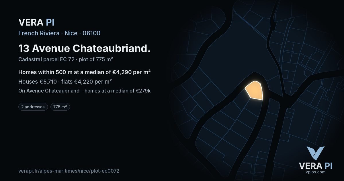 13 Avenue Chateaubriand, Nice at night – the plot lit, the parcels around coloured by the prices near them