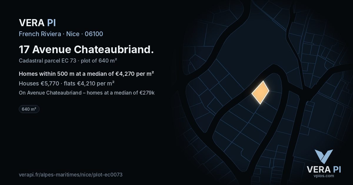 17 Avenue Chateaubriand, Nice at night – the plot lit, the parcels around coloured by the prices near them