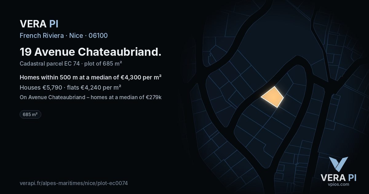 19 Avenue Chateaubriand, Nice at night – the plot lit, the parcels around coloured by the prices near them