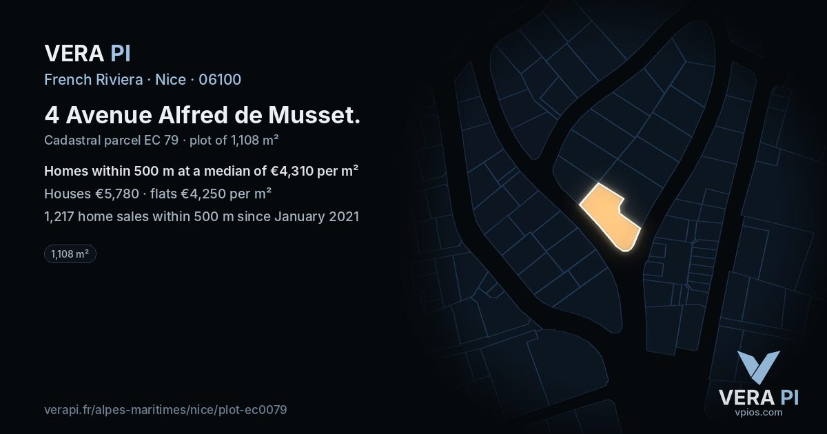 4 Avenue Alfred de Musset, Nice at night – the plot lit, the parcels around coloured by the prices near them