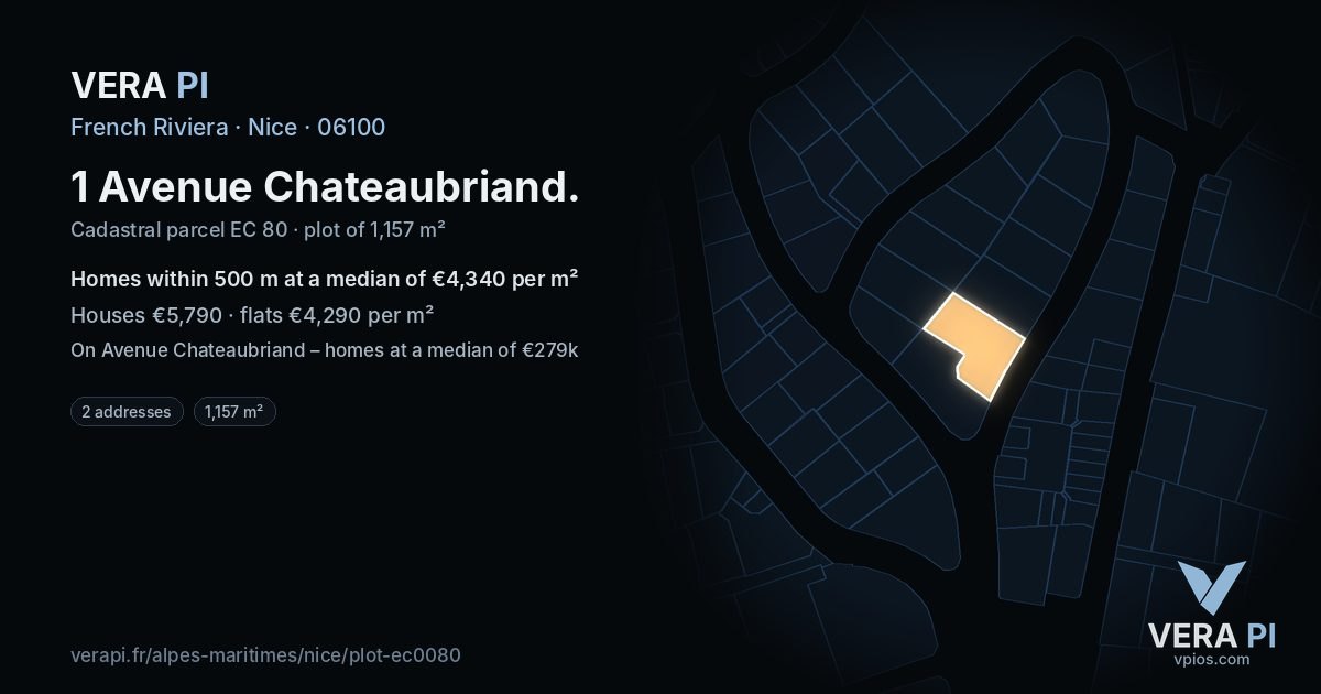 1 Avenue Chateaubriand, Nice at night – the plot lit, the parcels around coloured by the prices near them