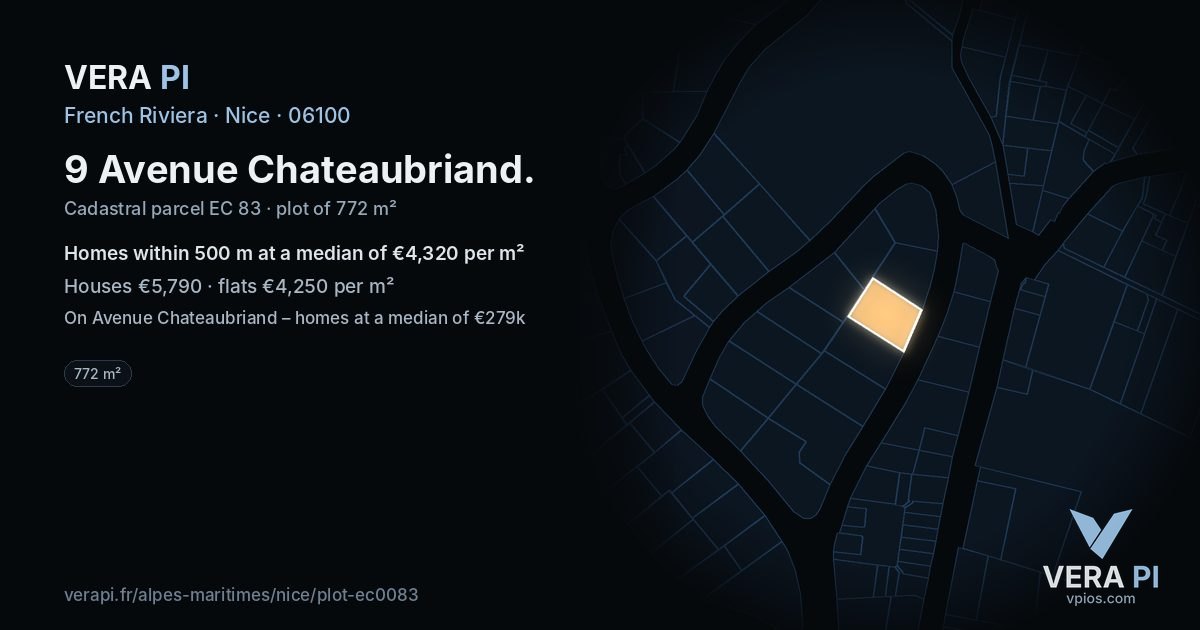 9 Avenue Chateaubriand, Nice at night – the plot lit, the parcels around coloured by the prices near them