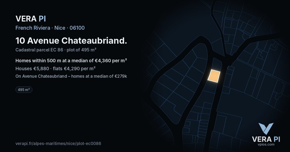 10 Avenue Chateaubriand, Nice at night – the plot lit, the parcels around coloured by the prices near them