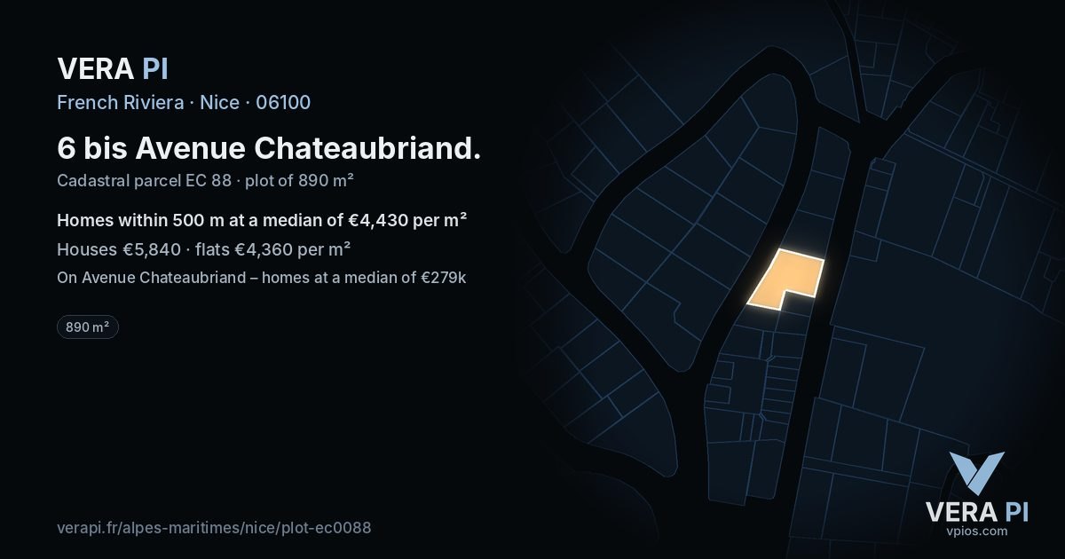 6 bis Avenue Chateaubriand, Nice at night – the plot lit, the parcels around coloured by the prices near them