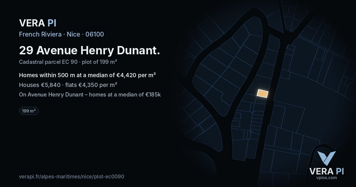 29 Avenue Henry Dunant, Nice at night – the plot lit, the parcels around coloured by the prices near them