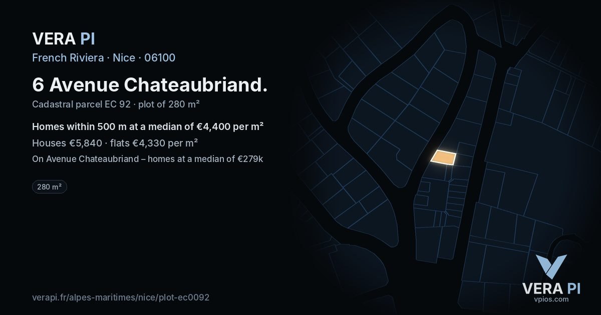 6 Avenue Chateaubriand, Nice at night – the plot lit, the parcels around coloured by the prices near them