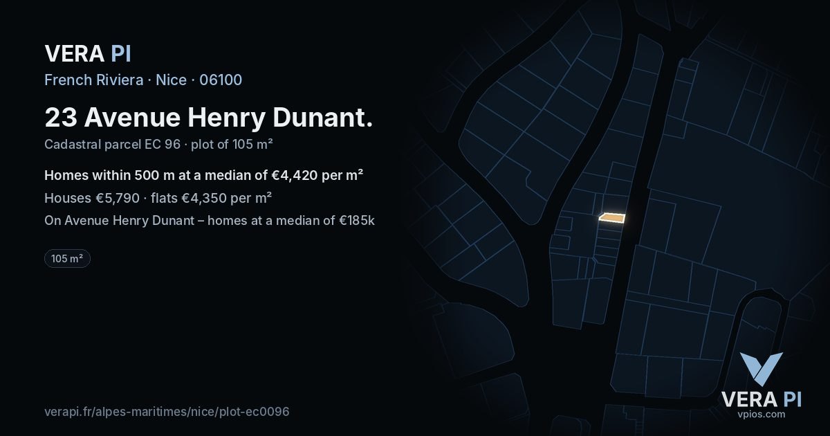 23 Avenue Henry Dunant, Nice at night – the plot lit, the parcels around coloured by the prices near them