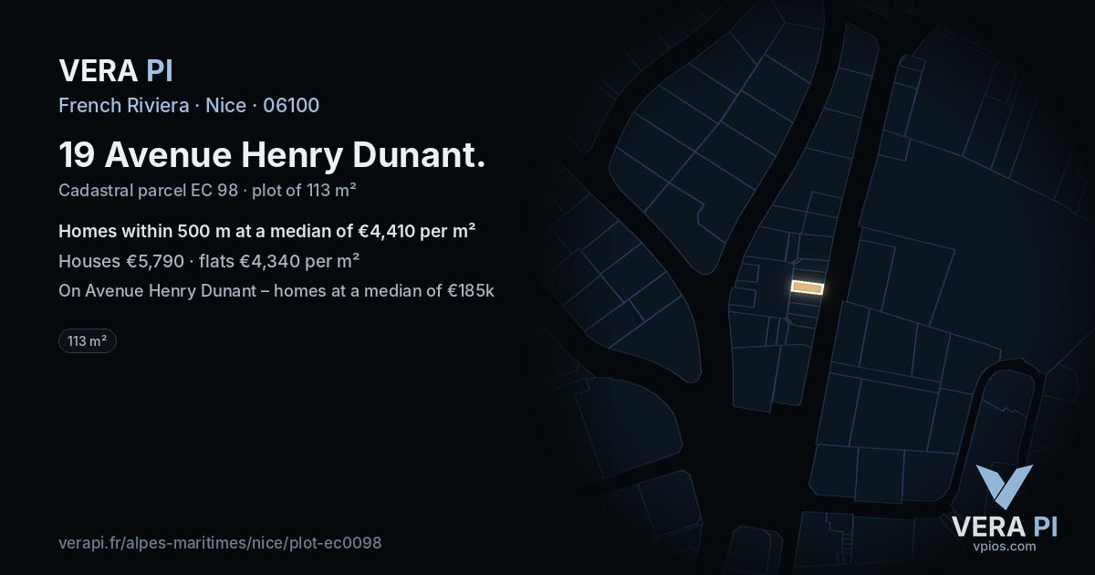 19 Avenue Henry Dunant, Nice at night – the plot lit, the parcels around coloured by the prices near them