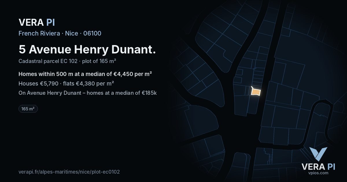 5 Avenue Henry Dunant, Nice at night – the plot lit, the parcels around coloured by the prices near them
