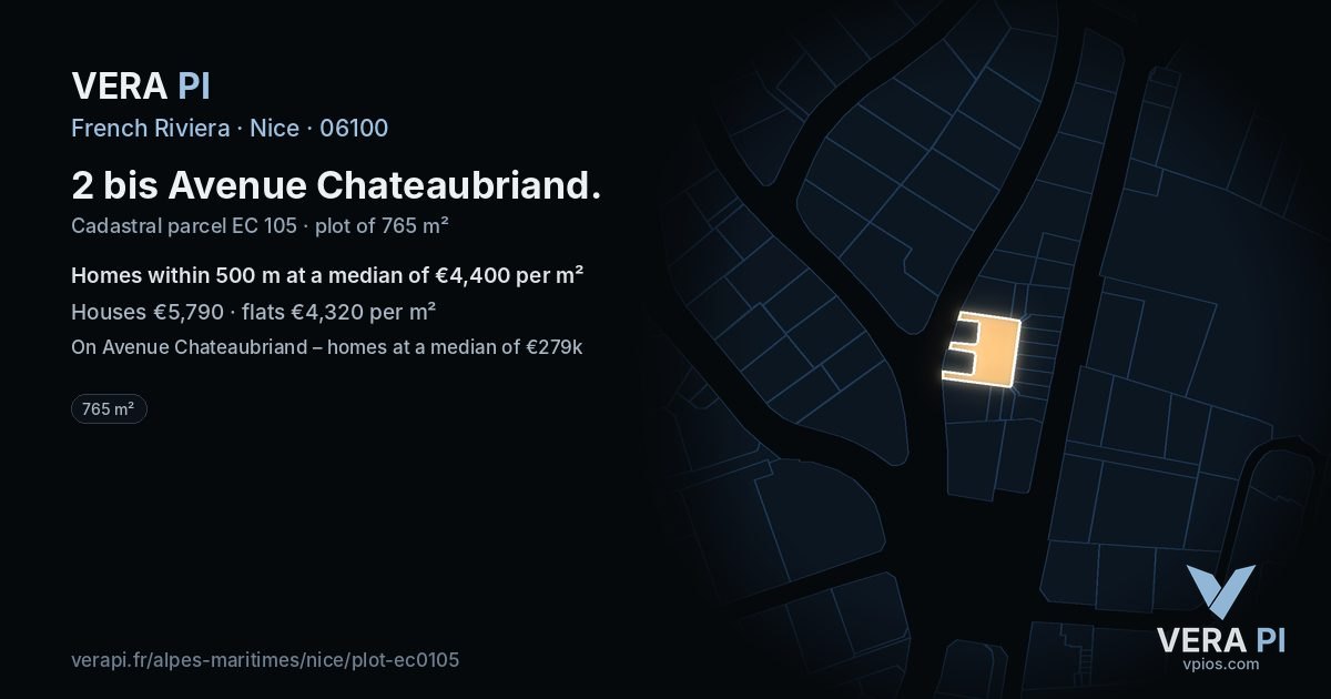 2 bis Avenue Chateaubriand, Nice at night – the plot lit, the parcels around coloured by the prices near them