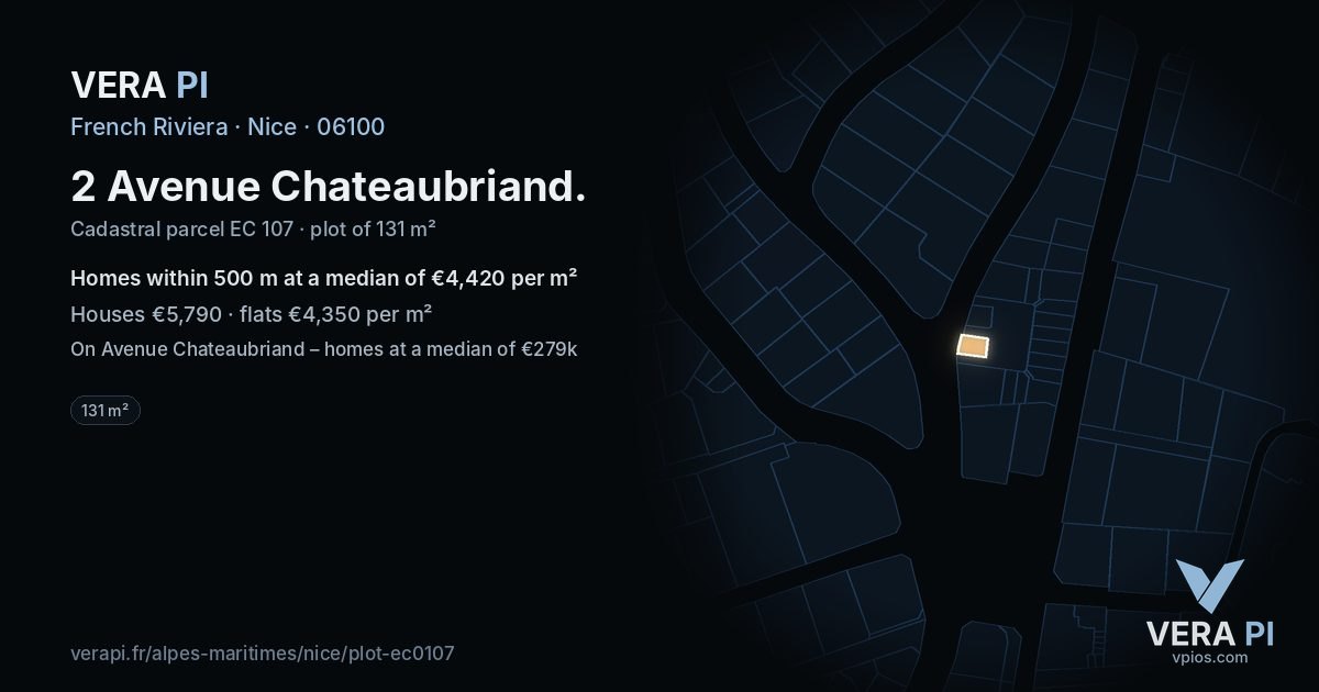 2 Avenue Chateaubriand, Nice at night – the plot lit, the parcels around coloured by the prices near them