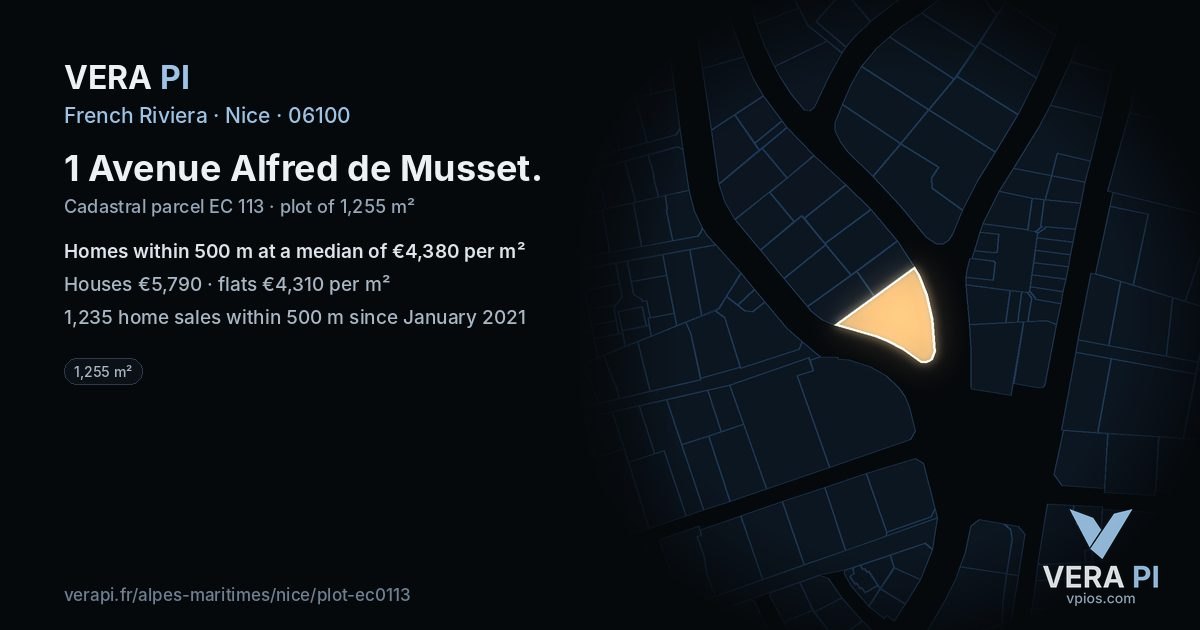 1 Avenue Alfred de Musset, Nice at night – the plot lit, the parcels around coloured by the prices near them