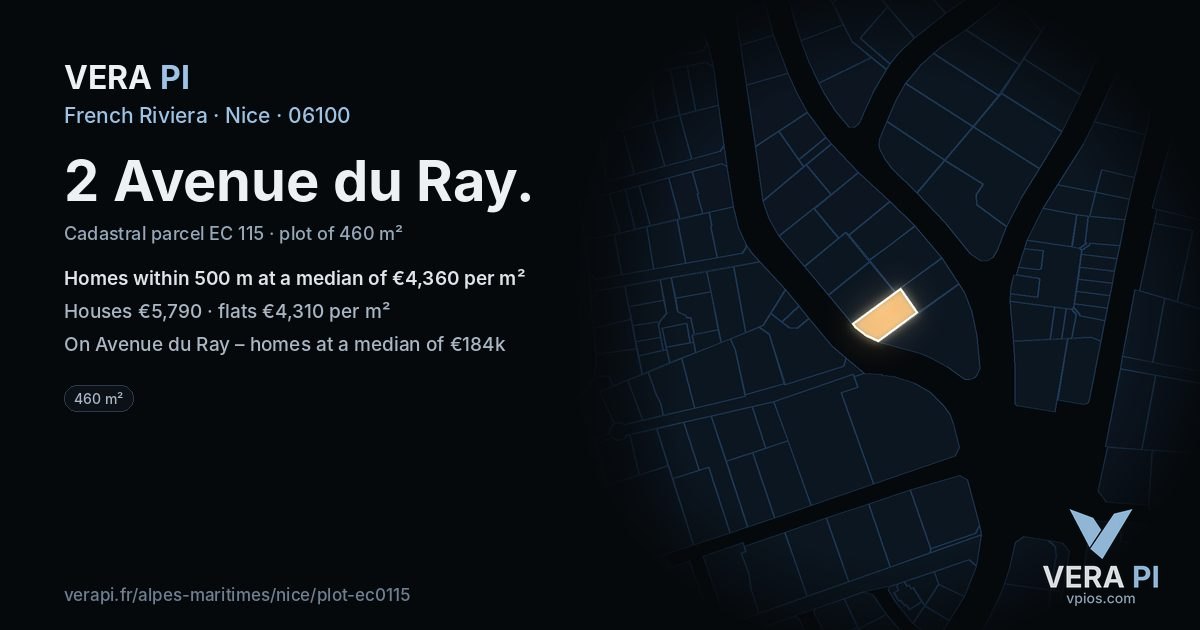 2 Avenue du Ray, Nice at night – the plot lit, the parcels around coloured by the prices near them