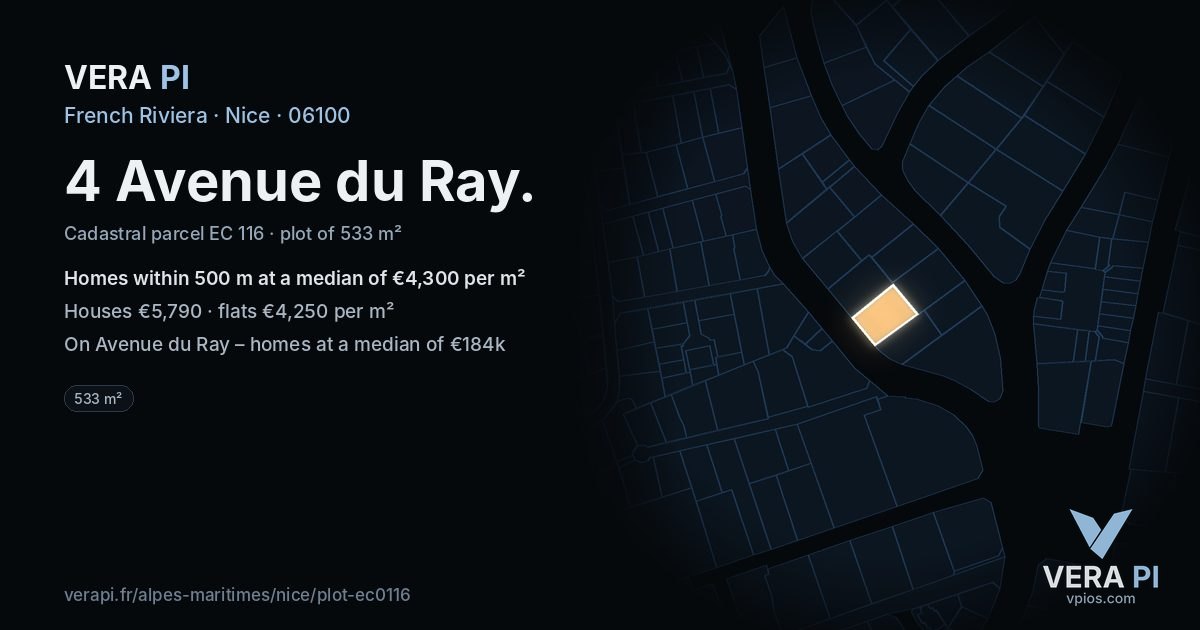 4 Avenue du Ray, Nice at night – the plot lit, the parcels around coloured by the prices near them