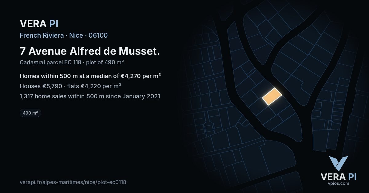 7 Avenue Alfred de Musset, Nice at night – the plot lit, the parcels around coloured by the prices near them