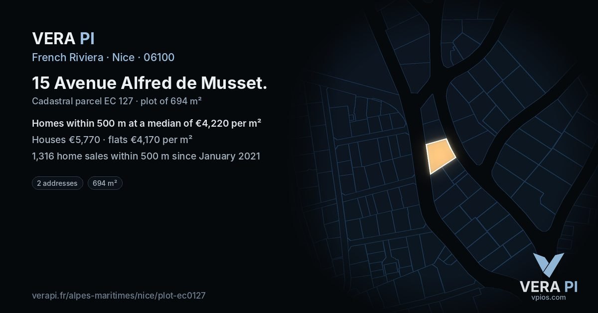 15 Avenue Alfred de Musset, Nice at night – the plot lit, the parcels around coloured by the prices near them