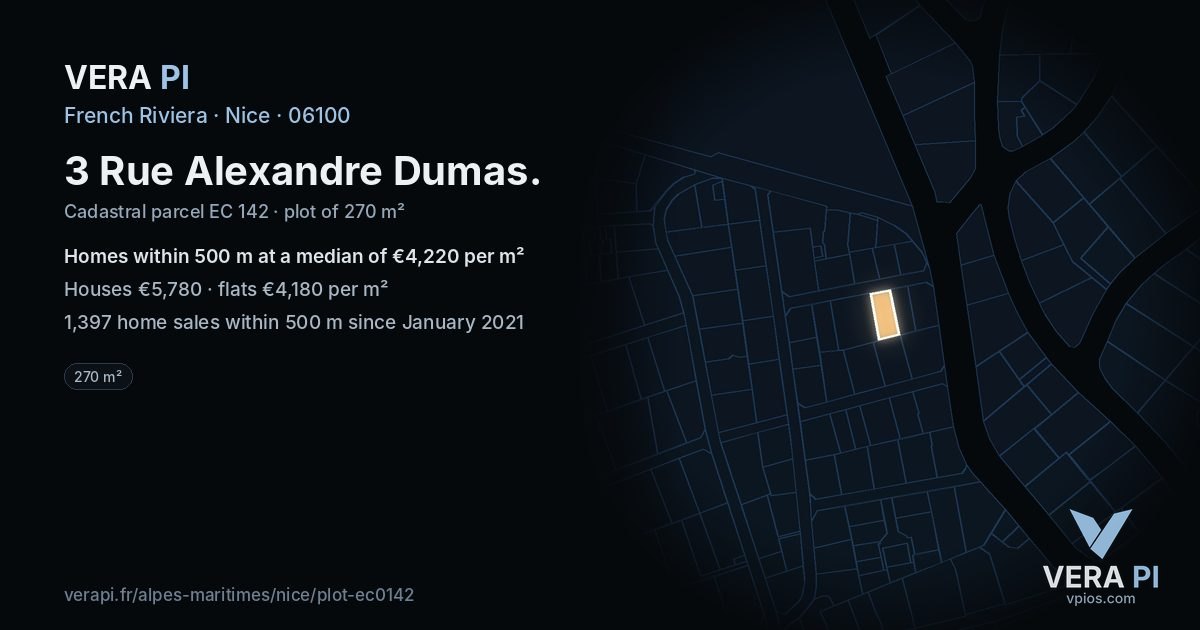 3 Rue Alexandre Dumas, Nice at night – the plot lit, the parcels around coloured by the prices near them