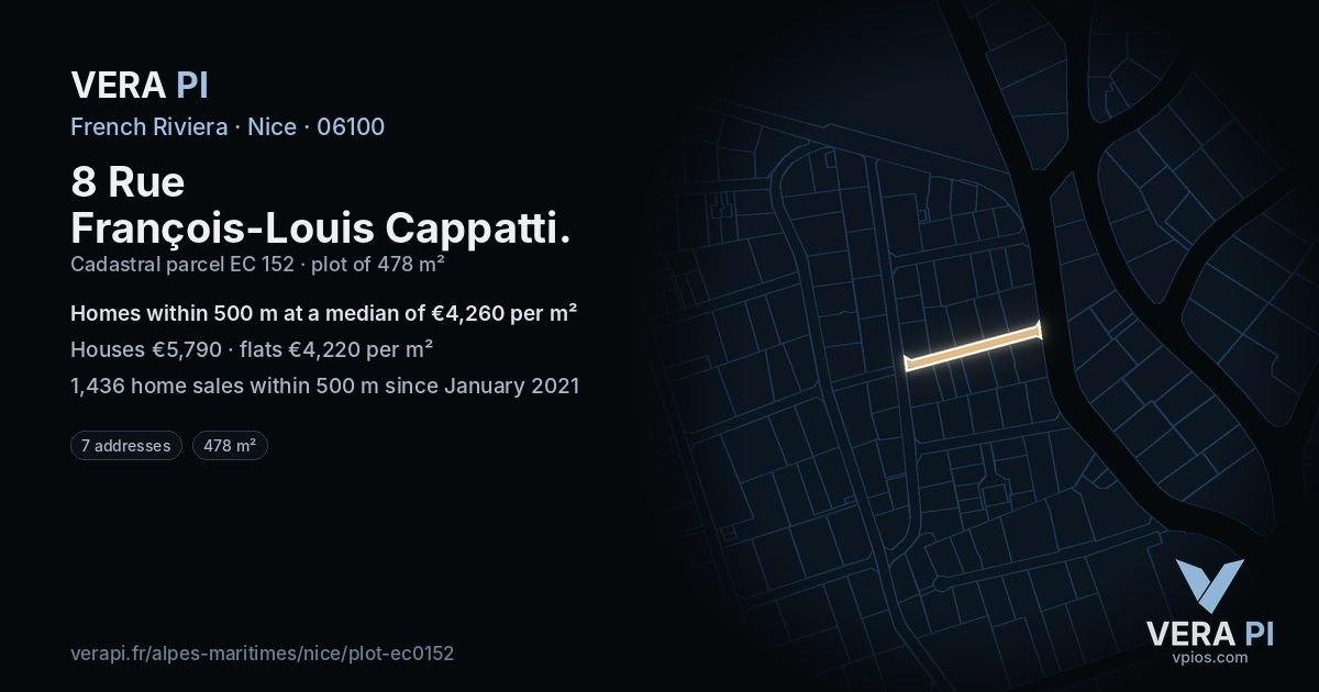 8 Rue François-Louis Cappatti, Nice at night – the plot lit, the parcels around coloured by the prices near them