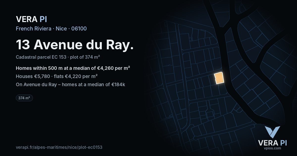 13 Avenue du Ray, Nice at night – the plot lit, the parcels around coloured by the prices near them
