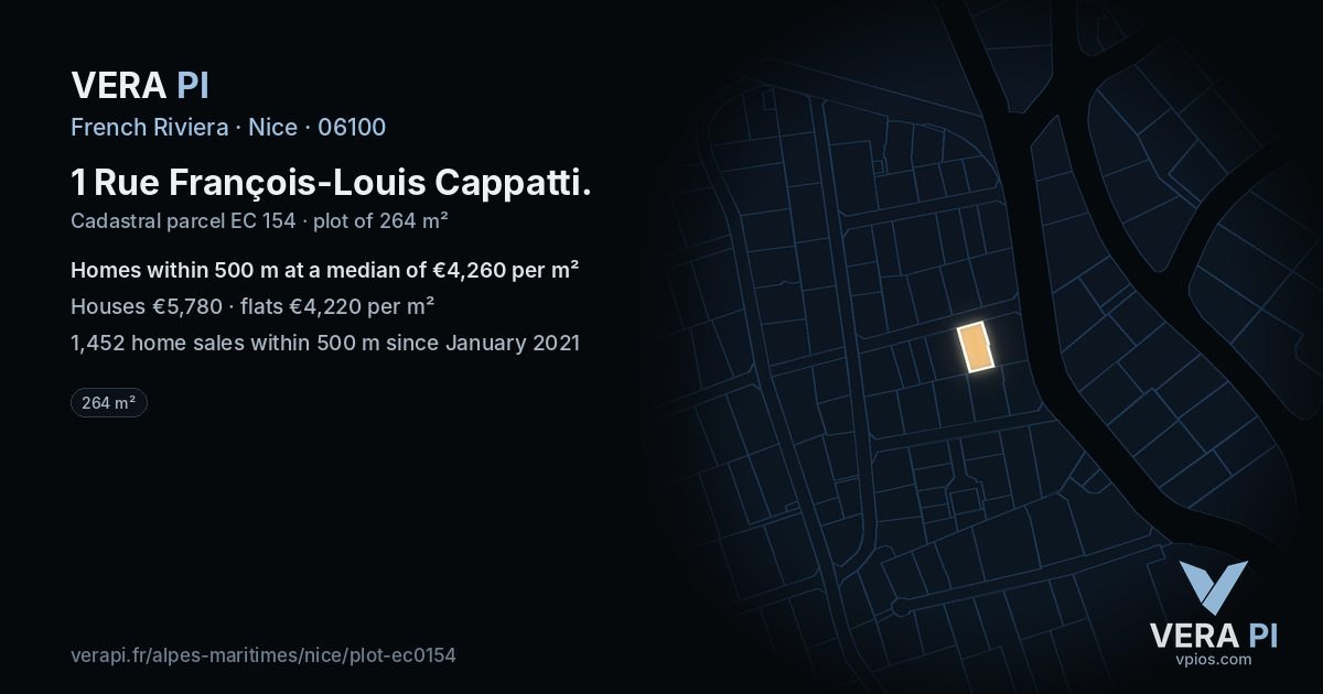 1 Rue François-Louis Cappatti, Nice at night – the plot lit, the parcels around coloured by the prices near them