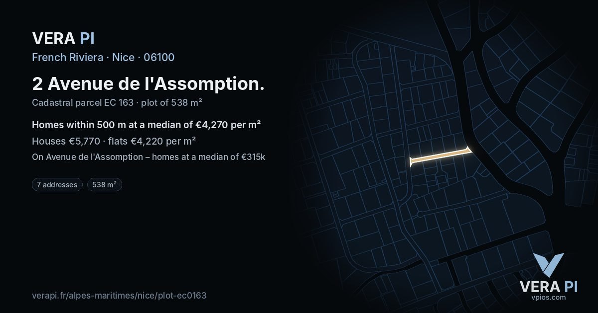 2 Avenue de l'Assomption, Nice at night – the plot lit, the parcels around coloured by the prices near them