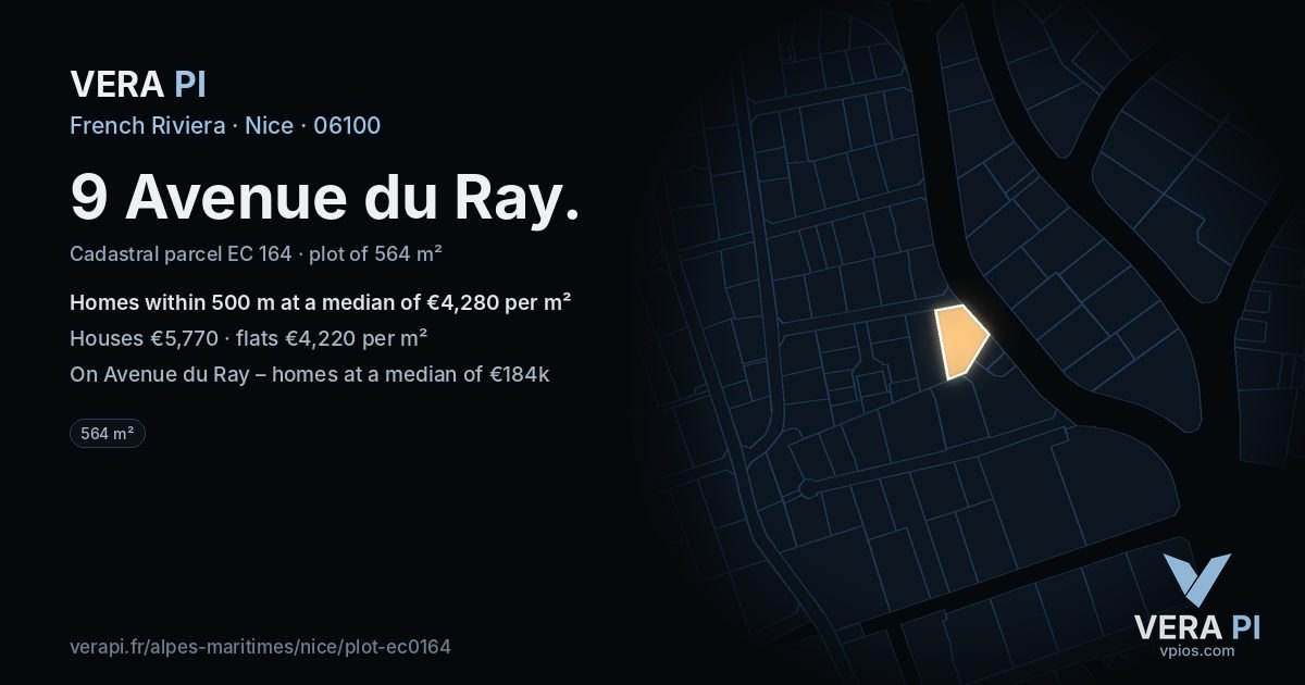 9 Avenue du Ray, Nice at night – the plot lit, the parcels around coloured by the prices near them