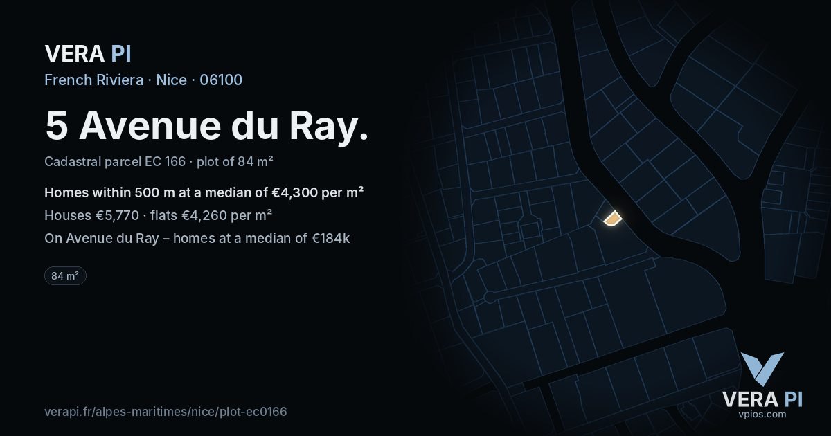 5 Avenue du Ray, Nice at night – the plot lit, the parcels around coloured by the prices near them