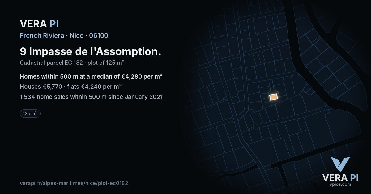 9 Impasse de l'Assomption, Nice at night – the plot lit, the parcels around coloured by the prices near them