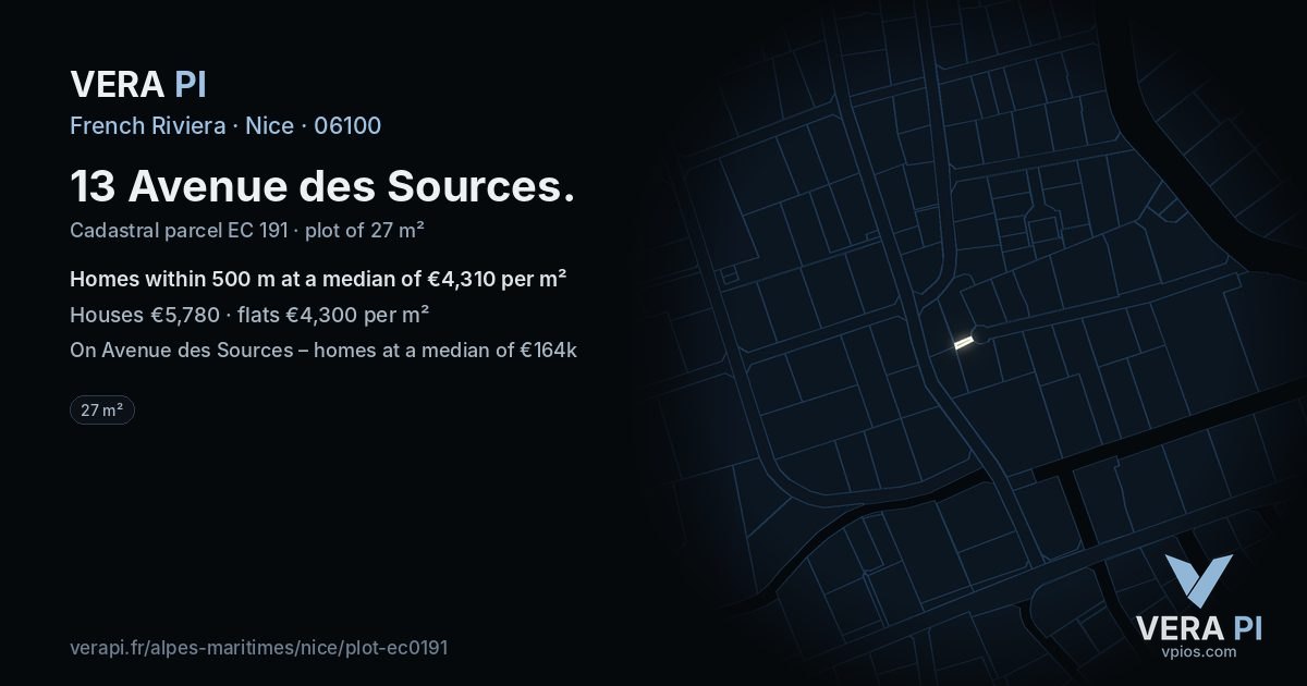 13 Avenue des Sources, Nice at night – the plot lit, the parcels around coloured by the prices near them