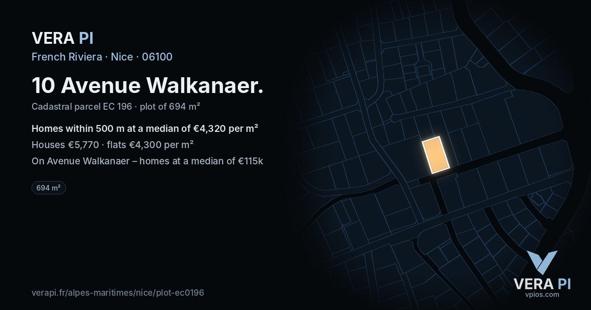 10 Avenue Walkanaer, Nice at night – the plot lit, the parcels around coloured by the prices near them