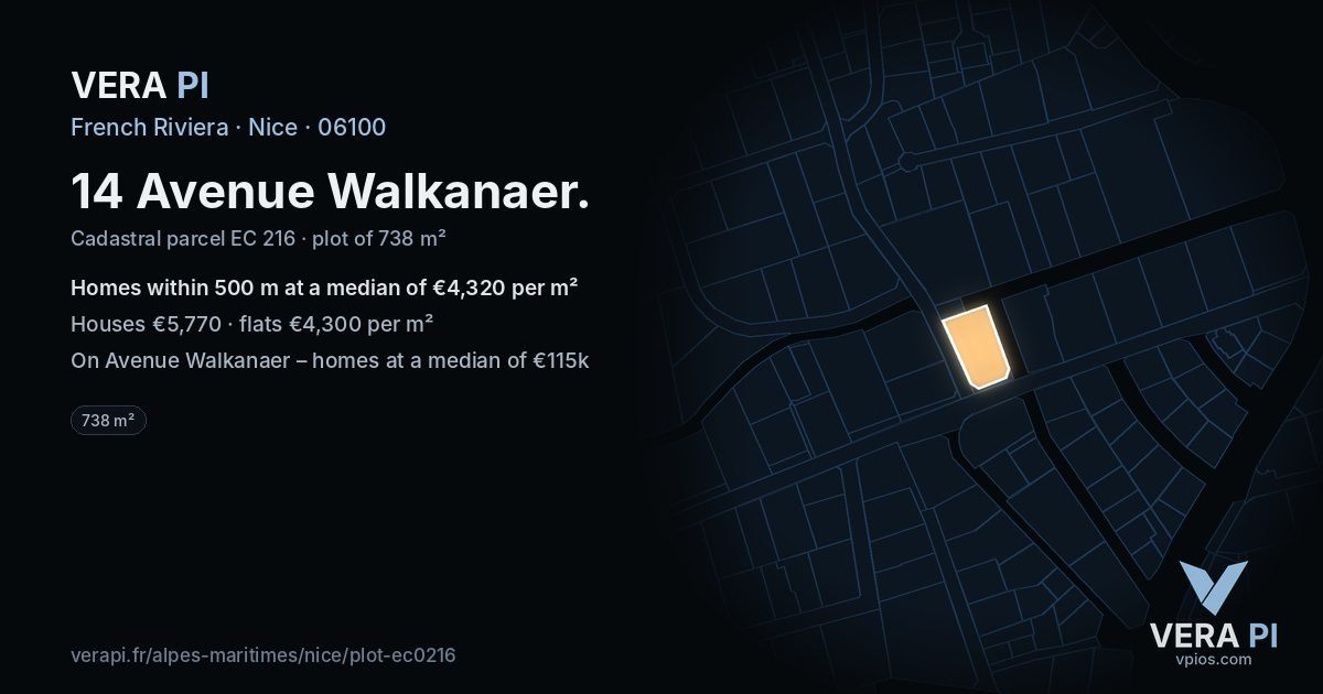 14 Avenue Walkanaer, Nice at night – the plot lit, the parcels around coloured by the prices near them
