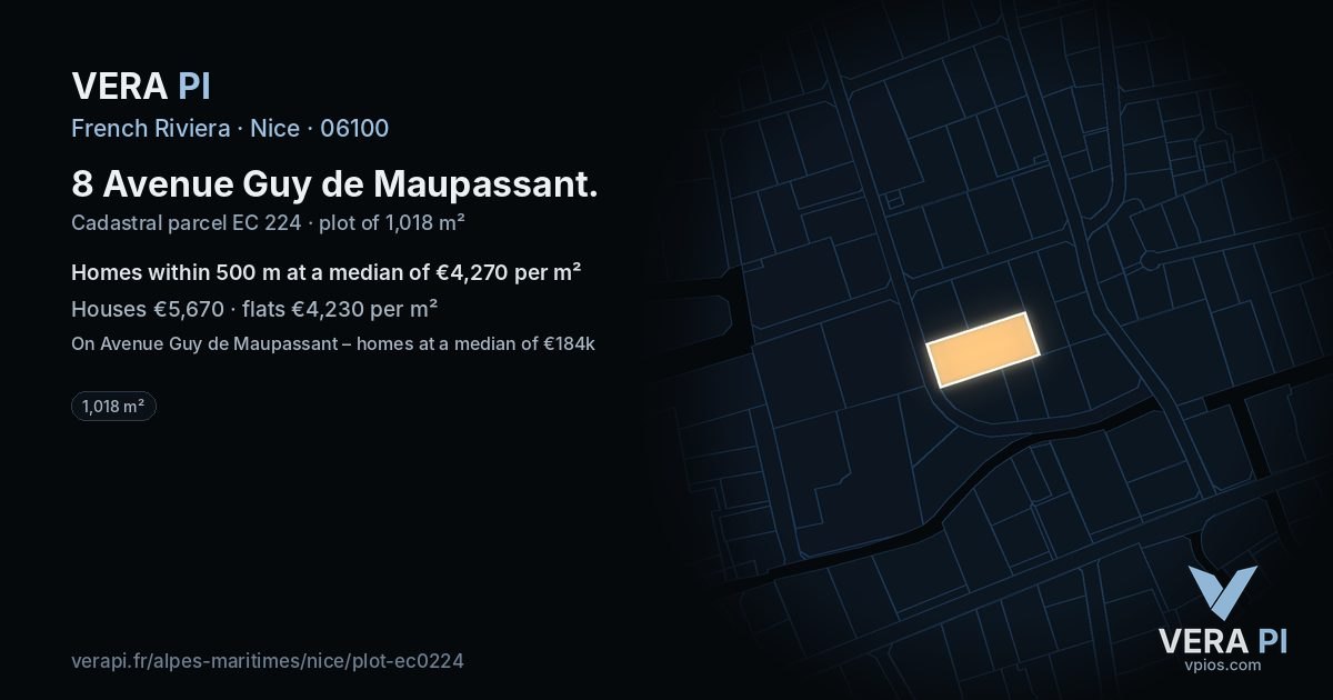 8 Avenue Guy de Maupassant, Nice at night – the plot lit, the parcels around coloured by the prices near them