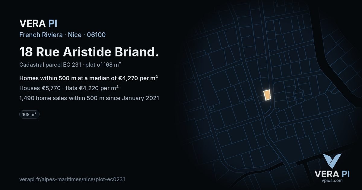 18 Rue Aristide Briand, Nice at night – the plot lit, the parcels around coloured by the prices near them