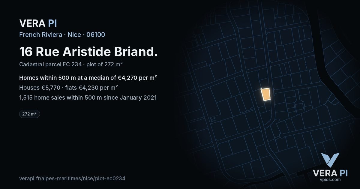 16 Rue Aristide Briand, Nice at night – the plot lit, the parcels around coloured by the prices near them