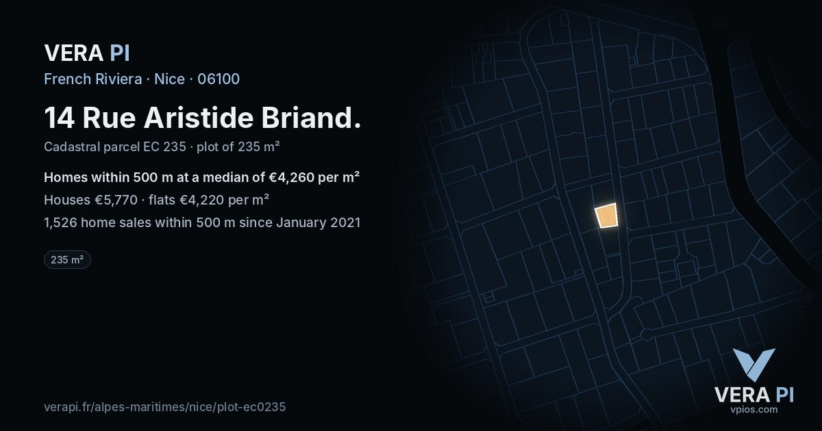 14 Rue Aristide Briand, Nice at night – the plot lit, the parcels around coloured by the prices near them