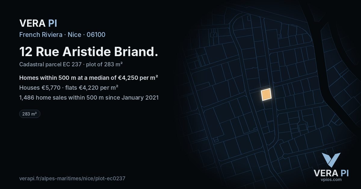 12 Rue Aristide Briand, Nice at night – the plot lit, the parcels around coloured by the prices near them