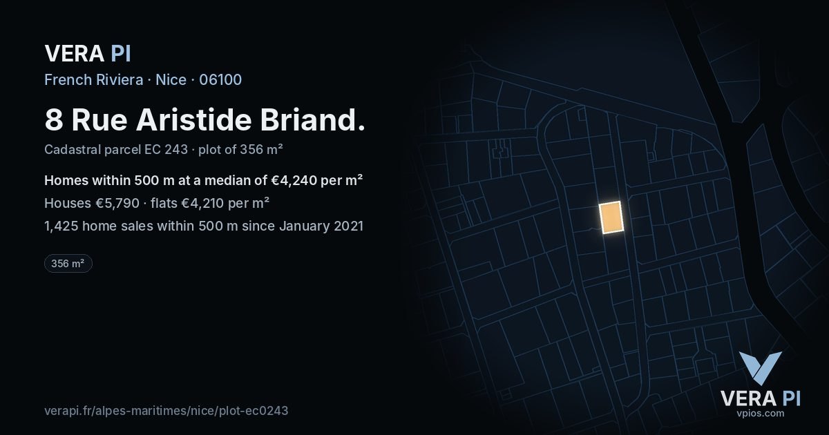 8 Rue Aristide Briand, Nice at night – the plot lit, the parcels around coloured by the prices near them